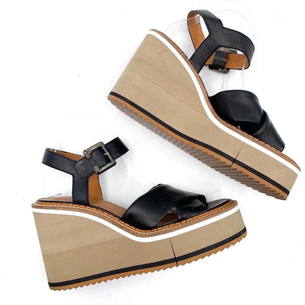 Clergerie Noemi Platform Wedge Sandals Black Leather Criss Cross‎ Sz 40.5 / 10